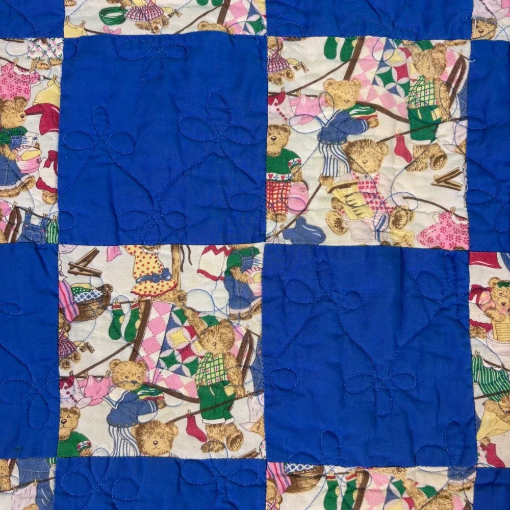 Handmade Teddy Bear Quilt Blue White Checkered Pattern Toddler Baby Blanket‎